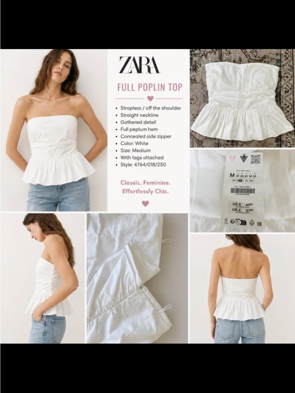 Zara White Strapless Poplin Peplum Top